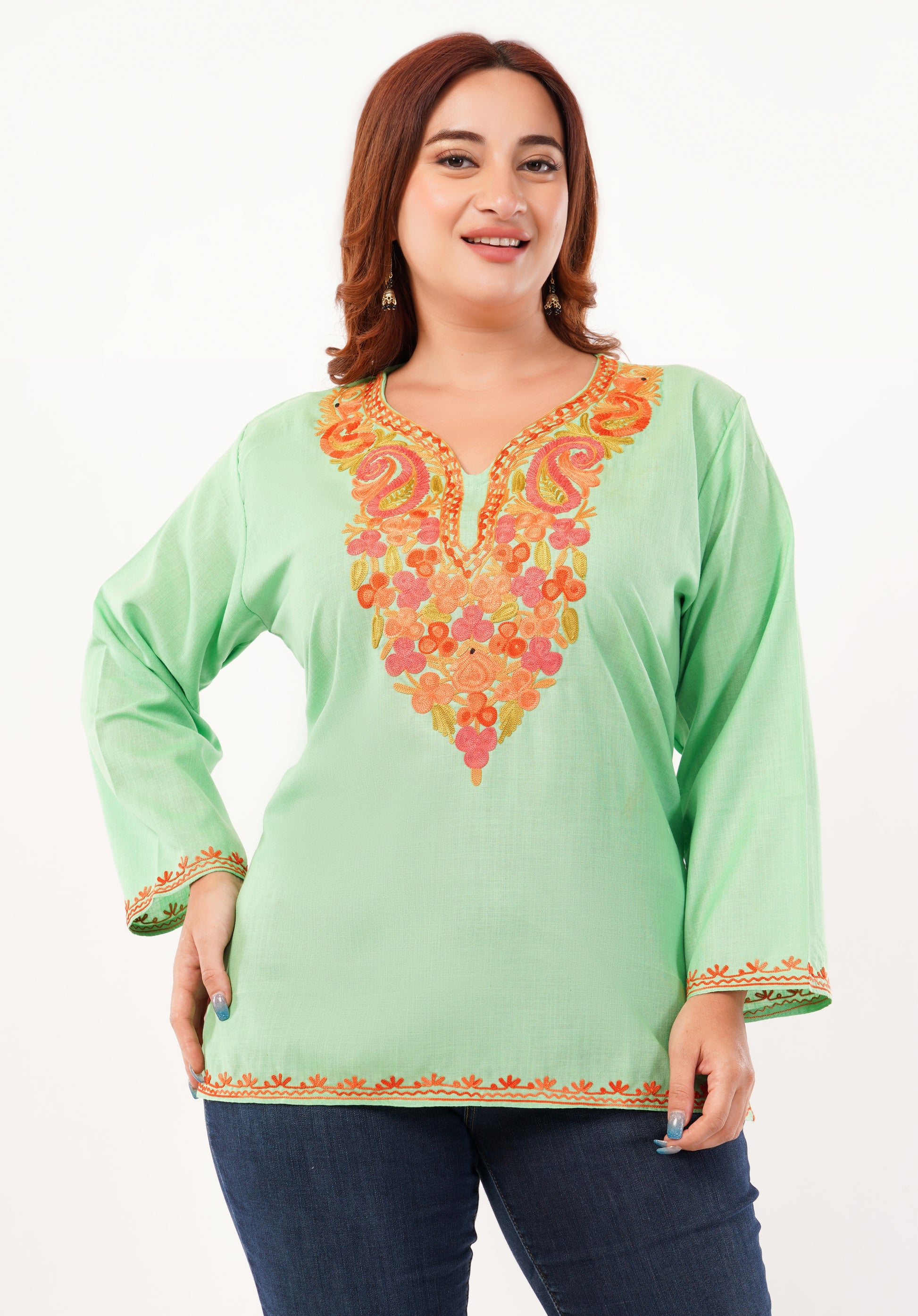 Kashmiri Aari embroidery Cotton Short Kurti Size-46 (Green)