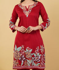 Kashmiri Aari embroidery Jaam Cotton Co-ord set Size-38 (Red)