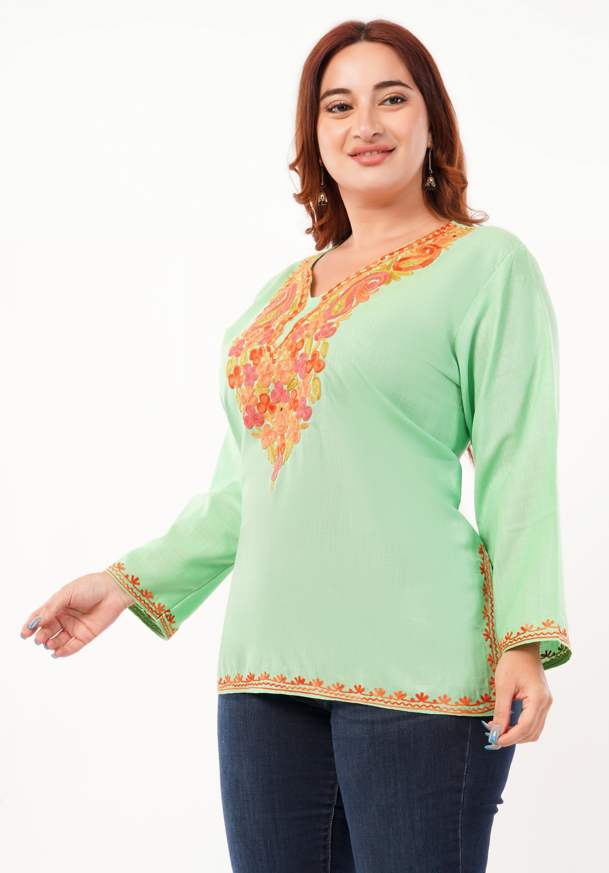 Kashmiri Aari embroidery Cotton Short Kurti Size-46 (Green)