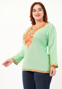 Kashmiri Aari embroidery Cotton Short Kurti Size-46 (Green)