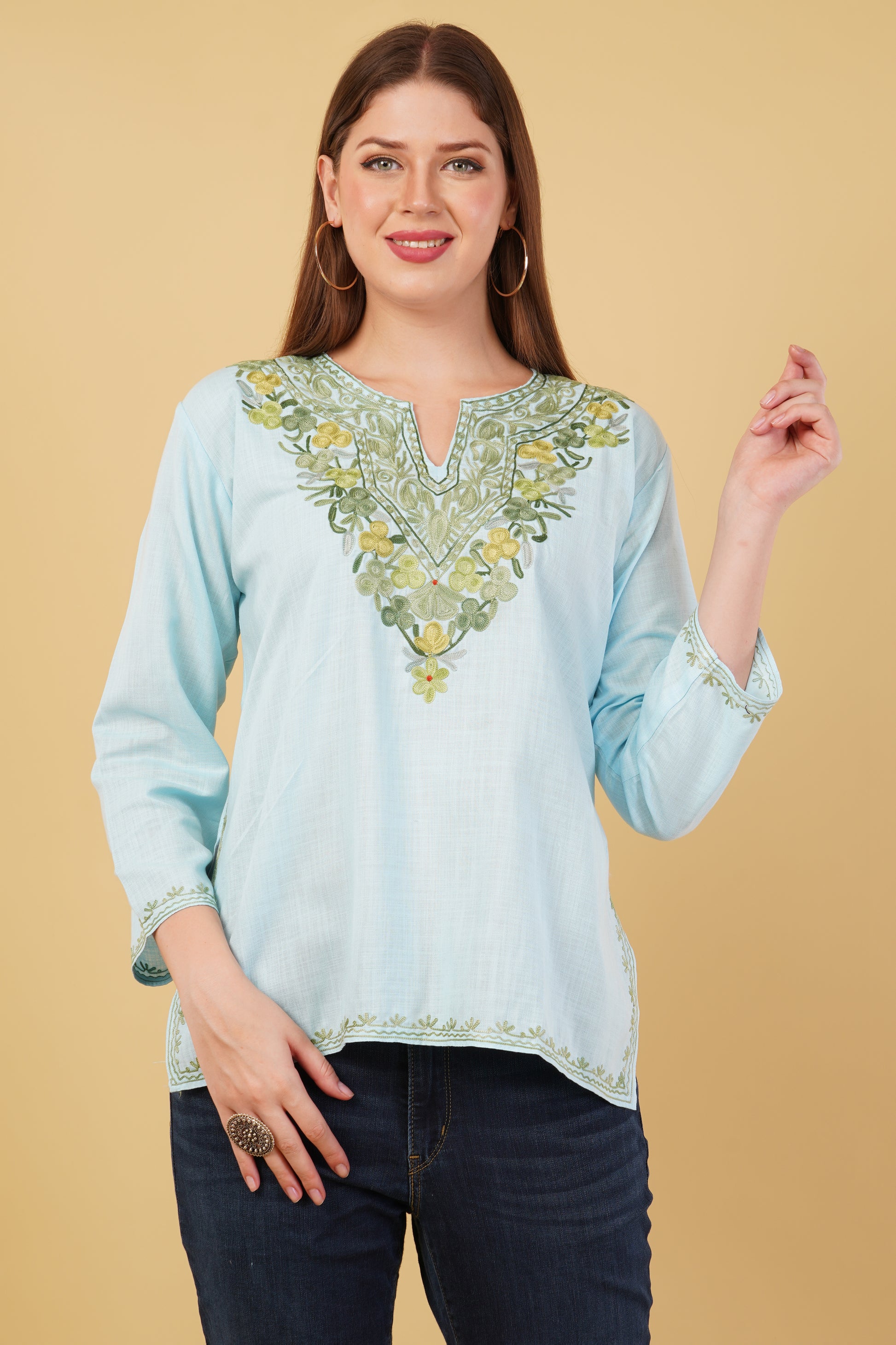 Kashmiri Aari embroidery Cotton Short Kurti Size-42(Sky Blue)