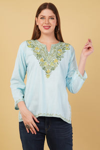 Kashmiri Aari embroidery Cotton Short Kurti Size-42(Sky Blue)