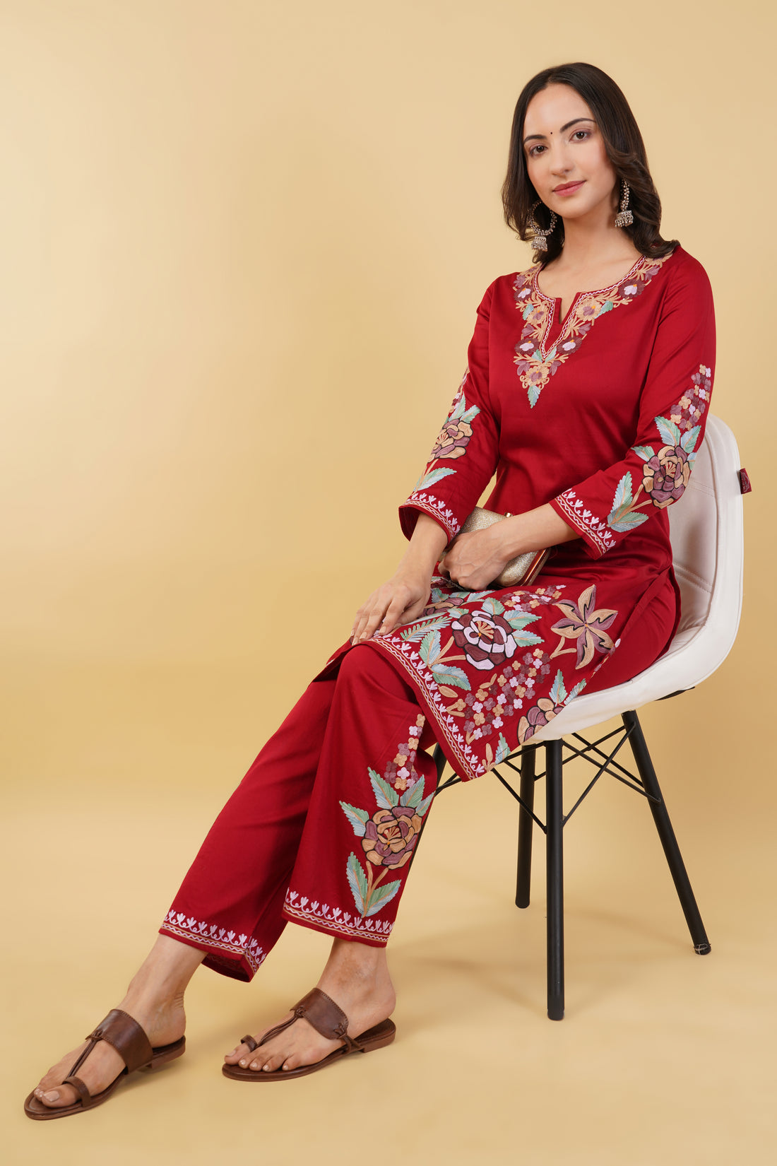 Kashmiri Aari embroidery Jaam Cotton Co-ord set Size-38 (Red)