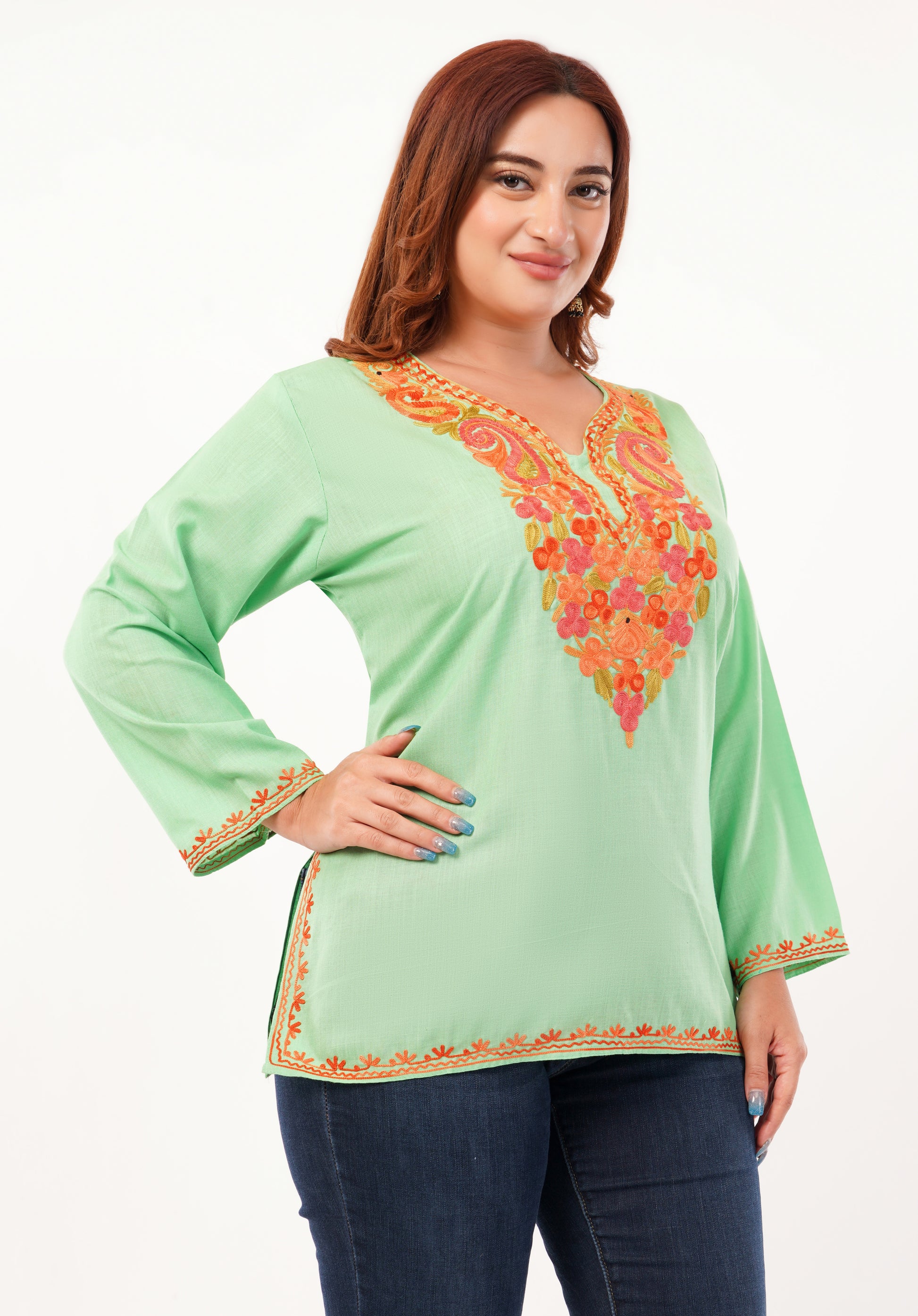 Kashmiri Aari embroidery Cotton Short Kurti Size-46 (Green)
