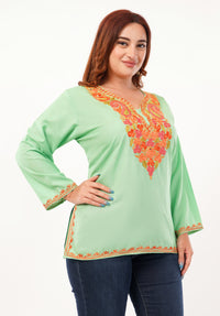 Kashmiri Aari embroidery Cotton Short Kurti Size-46 (Green)