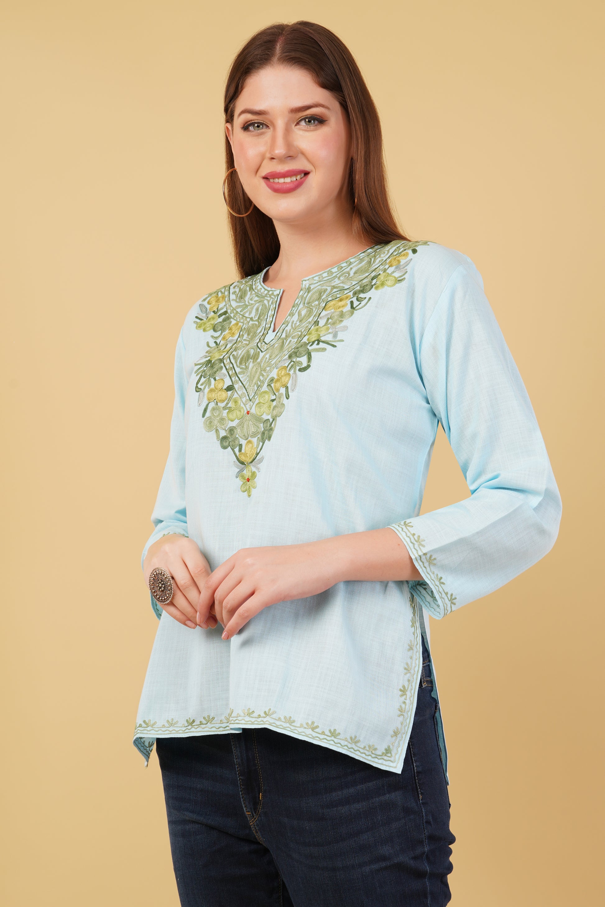 Kashmiri Aari embroidery Cotton Short Kurti Size-42(Sky Blue)