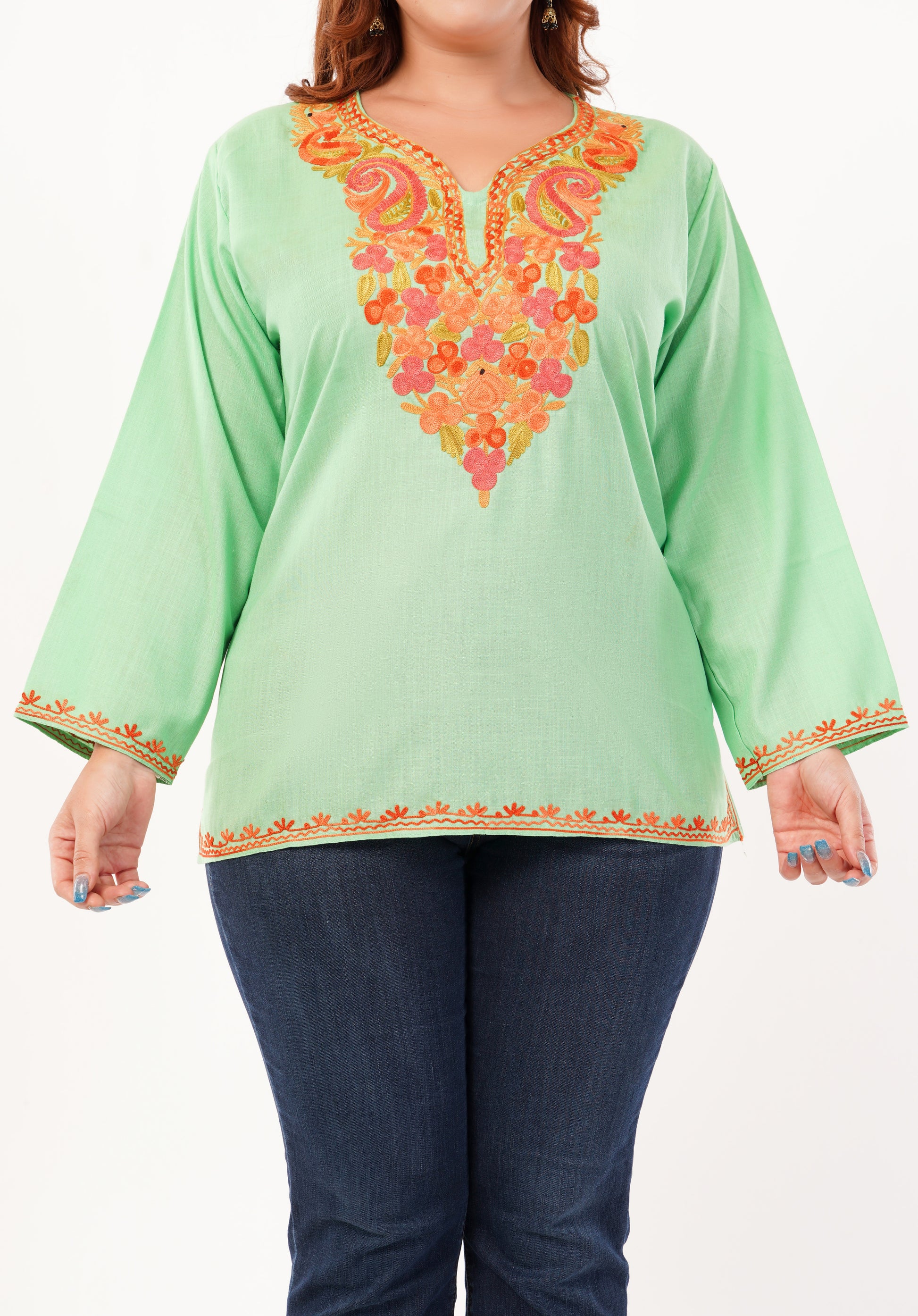 Kashmiri Aari embroidery Cotton Short Kurti Size-46 (Green)