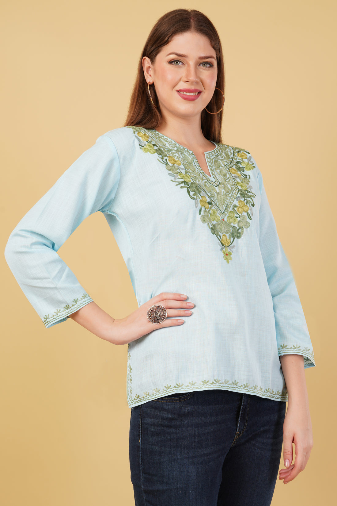 Kashmiri Aari embroidery Cotton Short Kurti Size-42(Sky Blue)