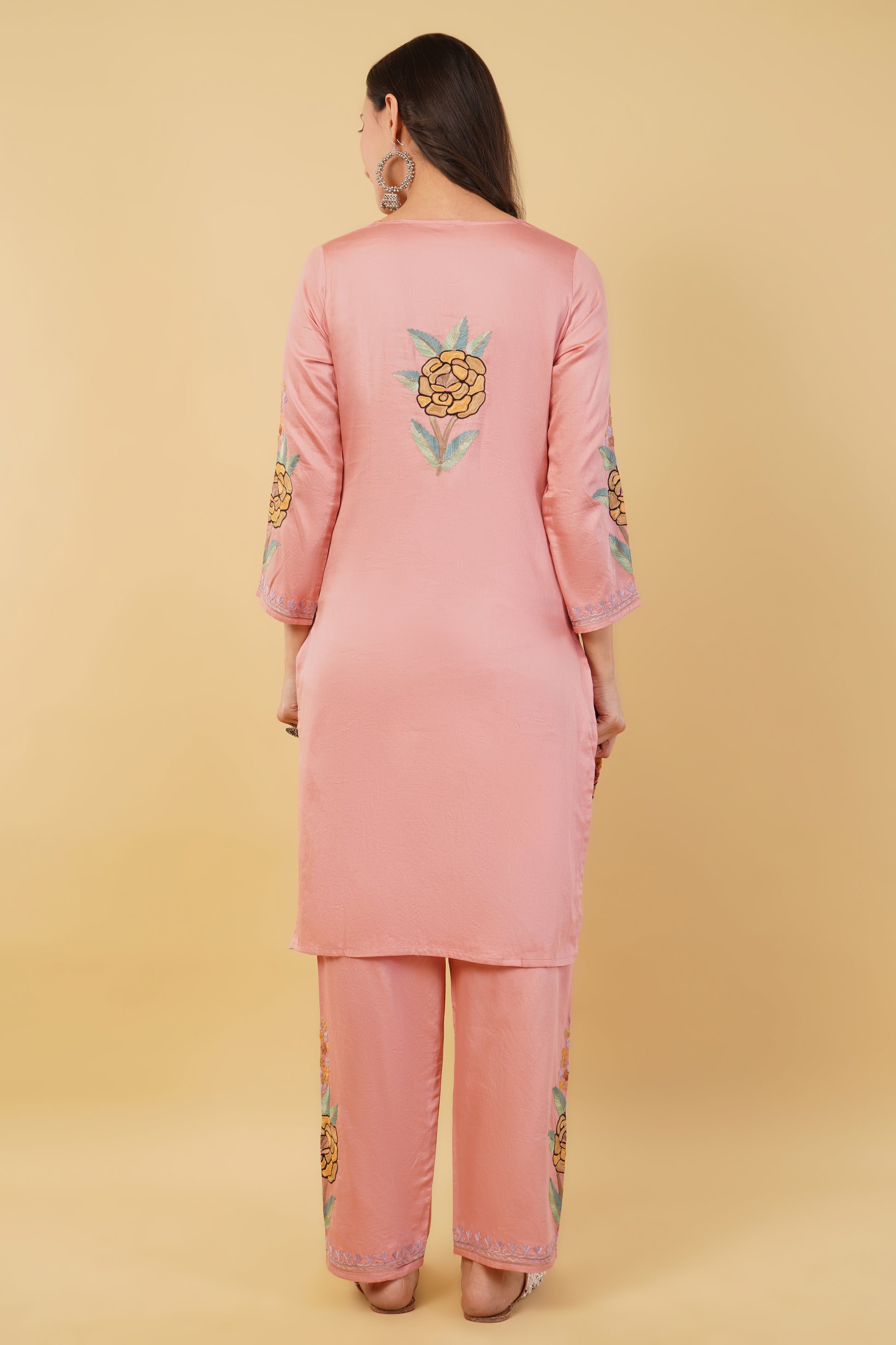 Kashmiri Aari embroidery Jaam Cotton Co-ord set Size-38 (Salmon Pink)