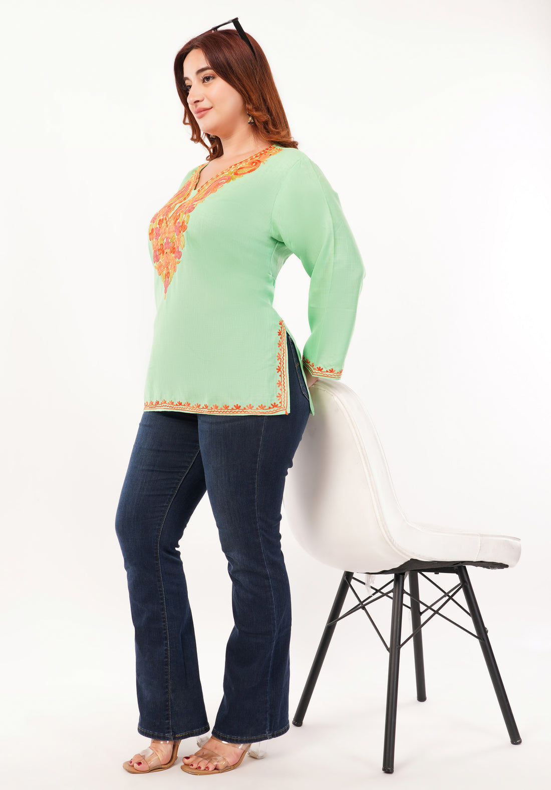 Kashmiri Aari embroidery Cotton Short Kurti Size-46 (Green)