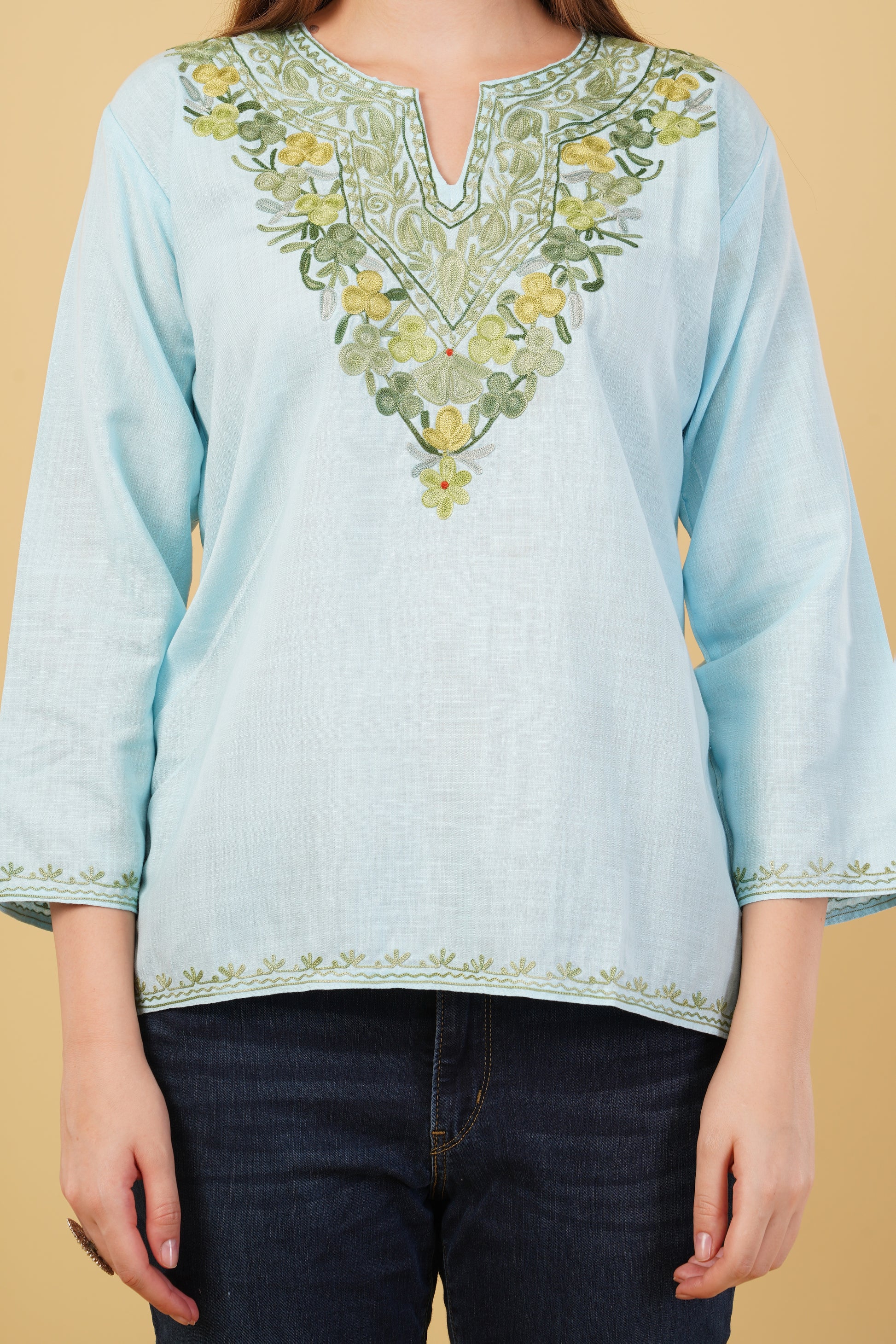 Kashmiri Aari embroidery Cotton Short Kurti Size-42(Sky Blue)