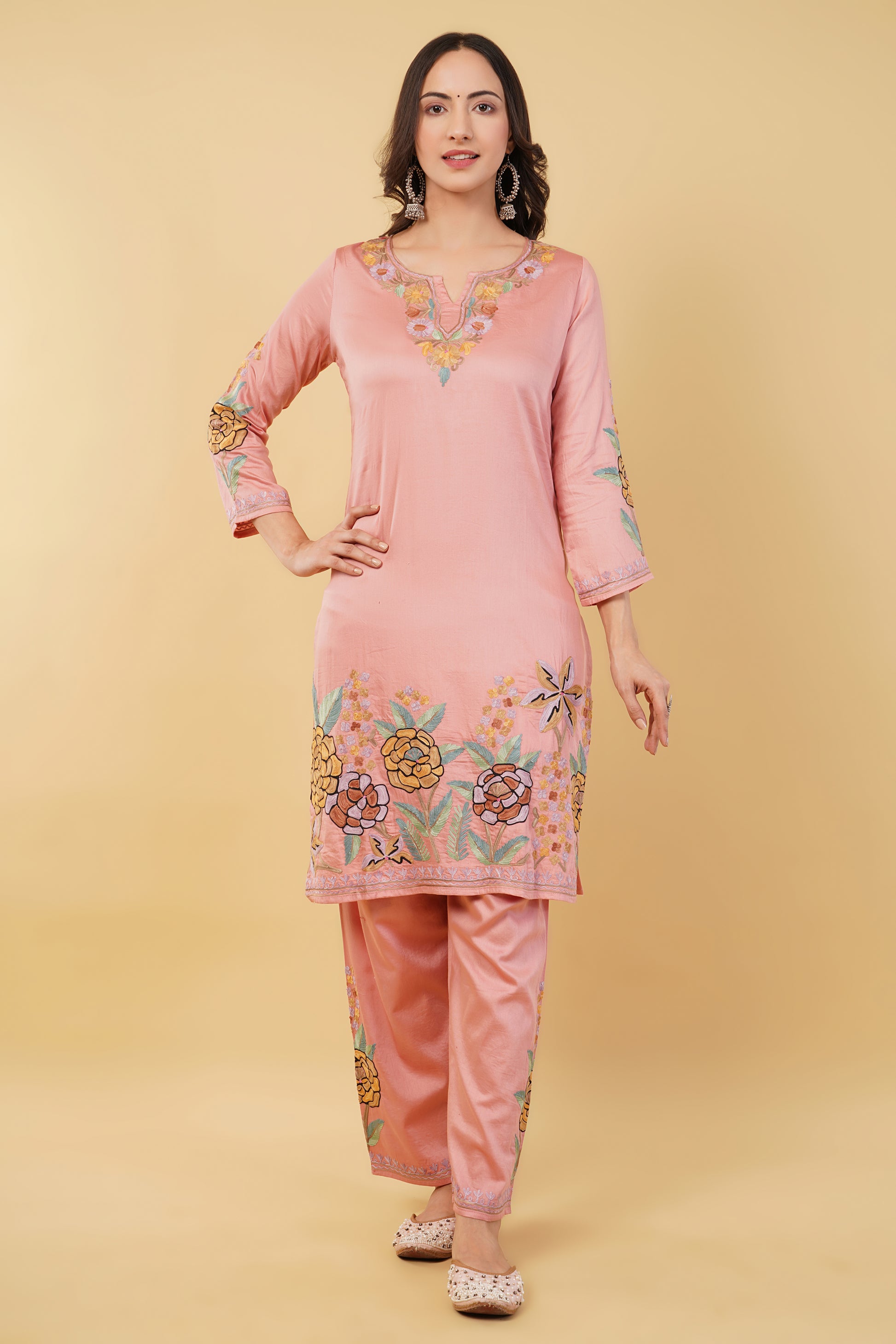 Kashmiri Aari embroidery Jaam Cotton Co-ord set Size-38 (Salmon Pink)