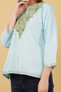 Kashmiri Aari embroidery Cotton Short Kurti Size-42(Sky Blue)