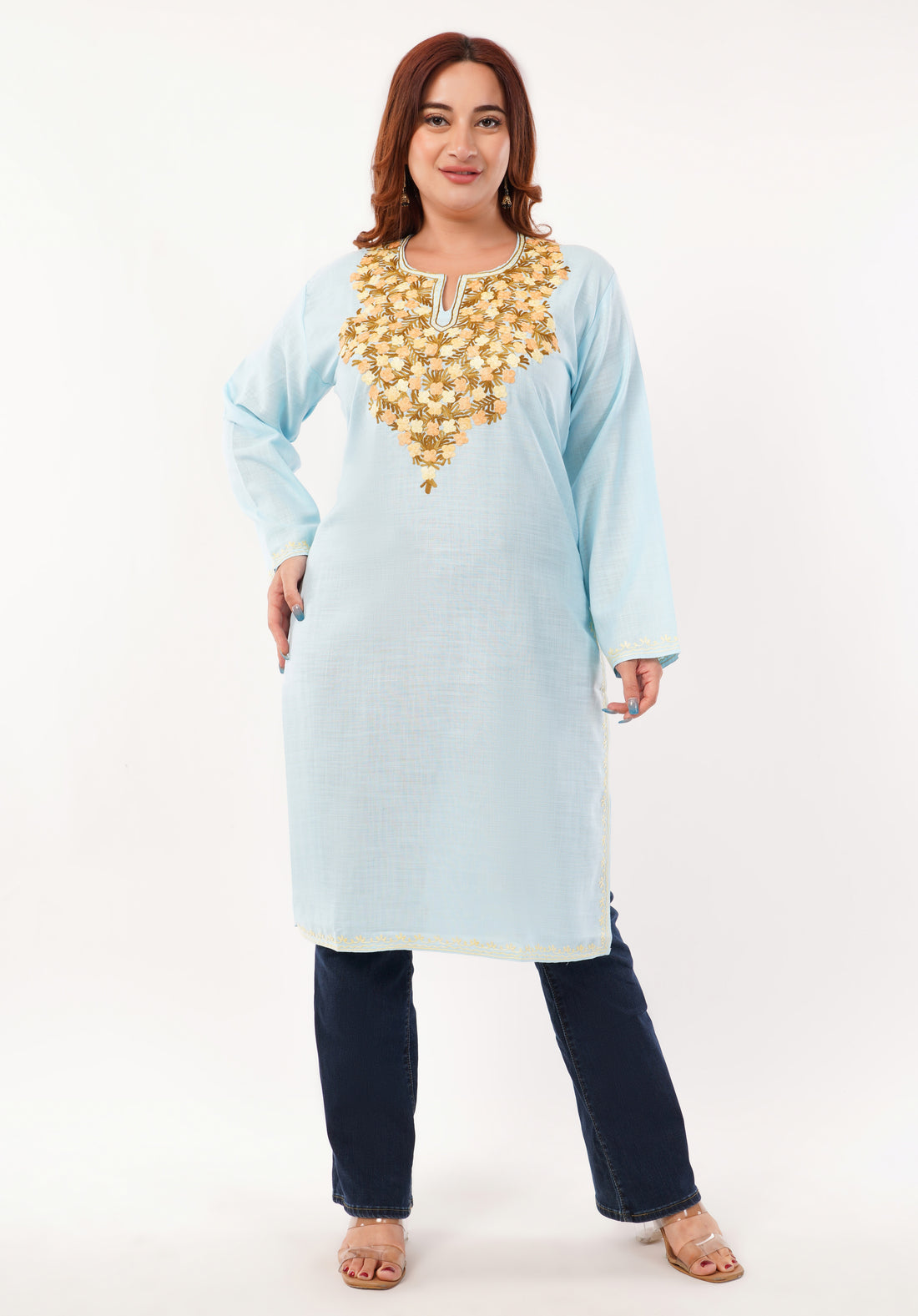 Kashmiri Aari embroidery Cotton Long Kurti Size-46(Sky Blue)