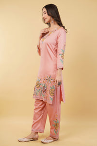 Kashmiri Aari embroidery Jaam Cotton Co-ord set Size-38 (Salmon Pink)