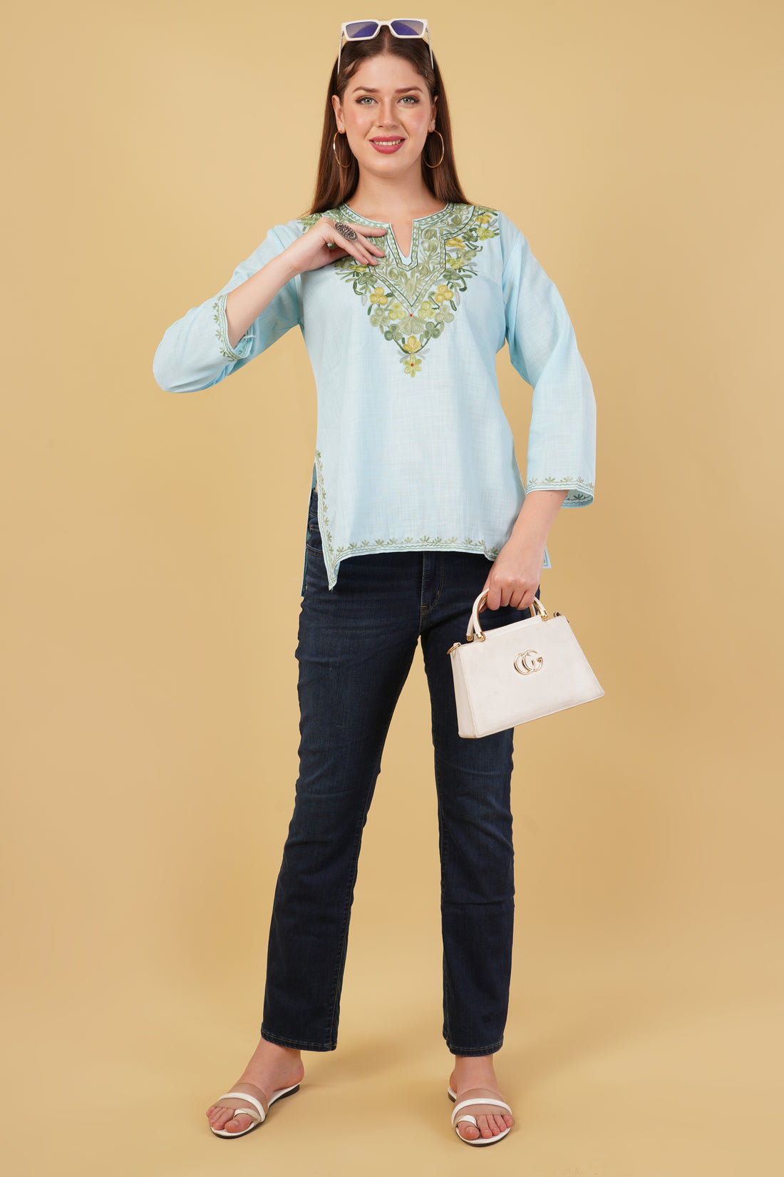 Kashmiri Aari embroidery Cotton Short Kurti Size-42(Sky Blue)