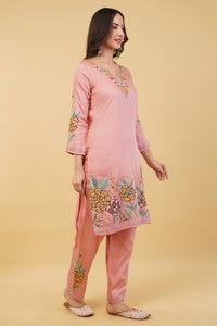 Kashmiri Aari embroidery Jaam Cotton Co-ord set Size-38 (Salmon Pink)