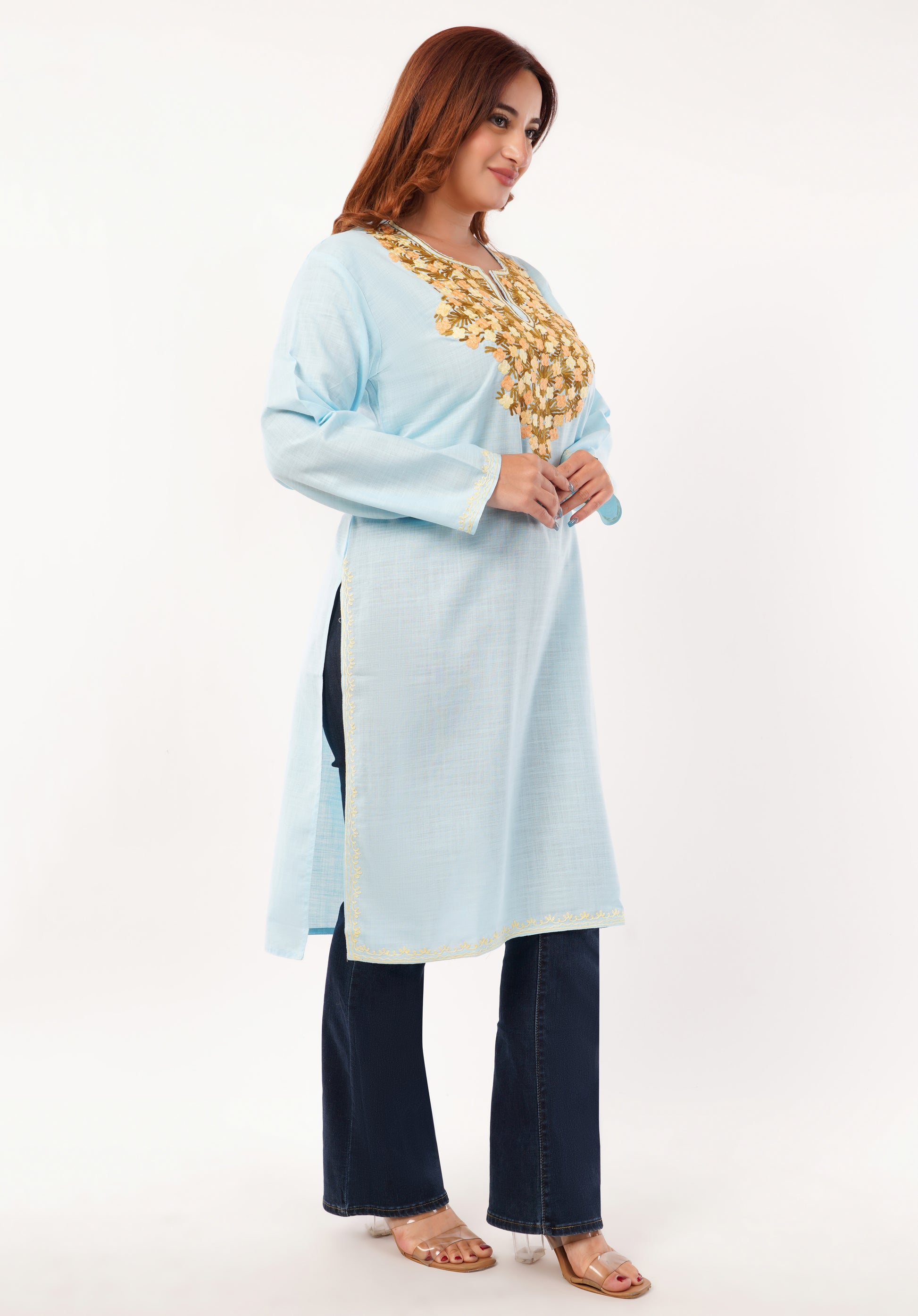 Kashmiri Aari embroidery Cotton Long Kurti Size-46(Sky Blue)