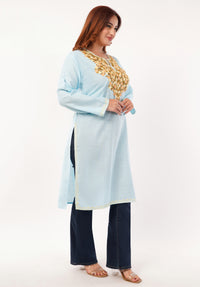 Kashmiri Aari embroidery Cotton Long Kurti Size-46(Sky Blue)
