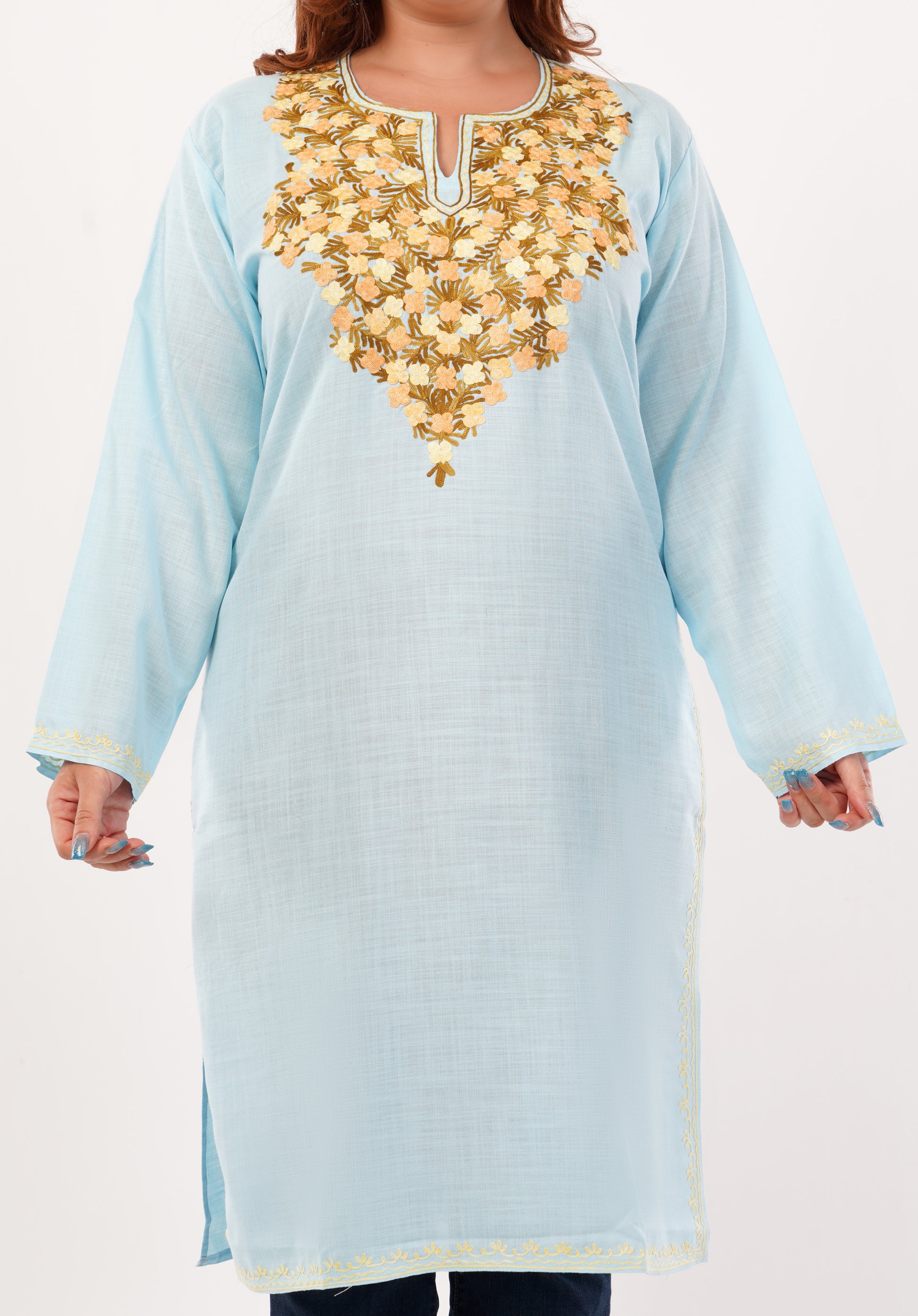 Kashmiri Aari embroidery Cotton Long Kurti Size-46(Sky Blue)