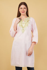 Kashmiri Aari embroidery Cotton Long Kurti Size-42 (Baby Pink)