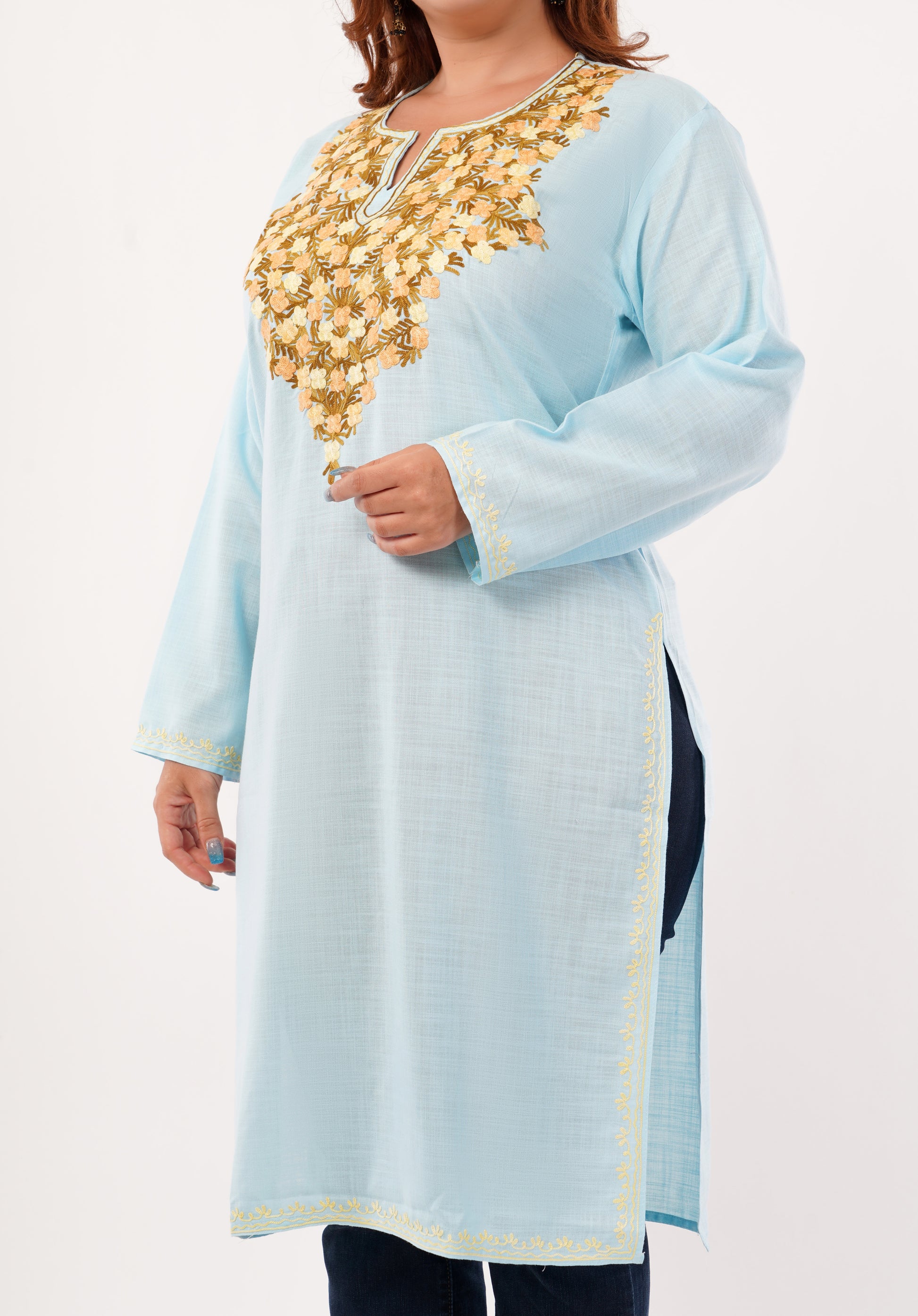 Kashmiri Aari embroidery Cotton Long Kurti Size-46(Sky Blue)