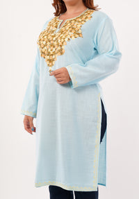 Kashmiri Aari embroidery Cotton Long Kurti Size-46(Sky Blue)