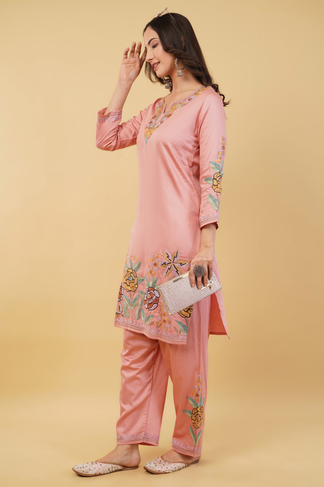 Kashmiri Aari embroidery Jaam Cotton Co-ord set Size-38 (Salmon Pink)