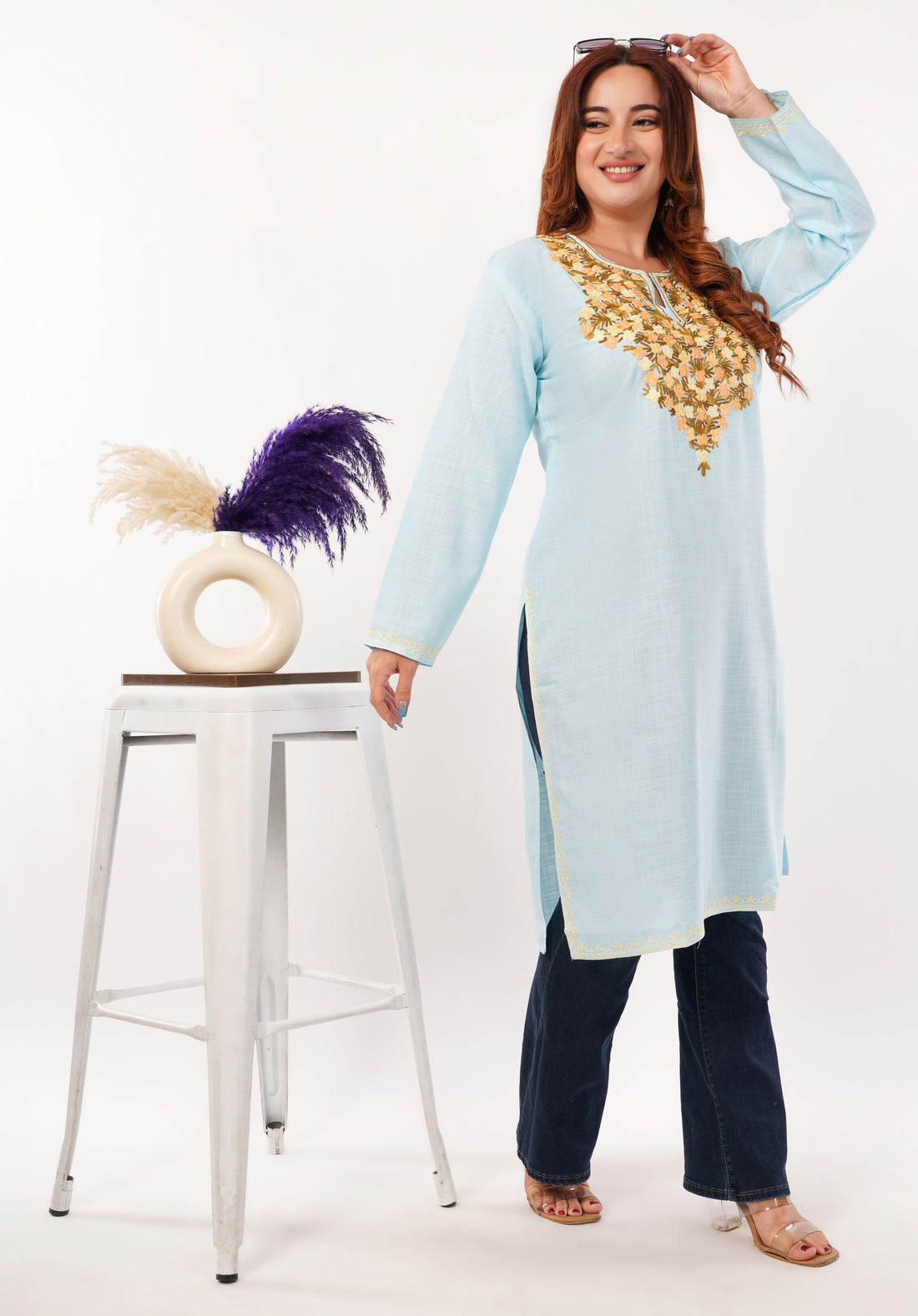 Kashmiri Aari embroidery Cotton Long Kurti Size-46(Sky Blue)