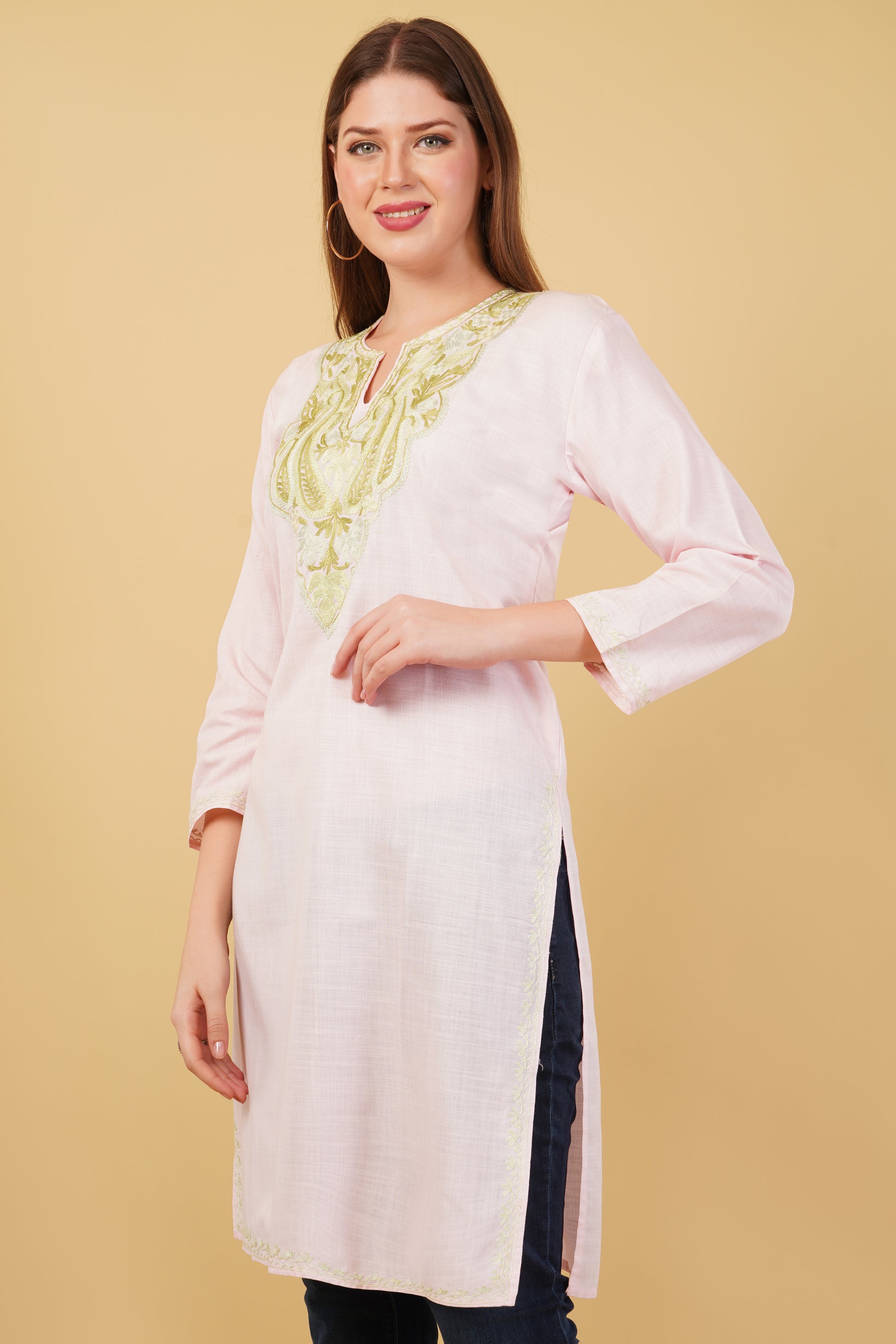 Kashmiri Aari embroidery Cotton Long Kurti Size-42 (Baby Pink)