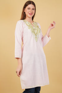 Kashmiri Aari embroidery Cotton Long Kurti Size-42 (Baby Pink)