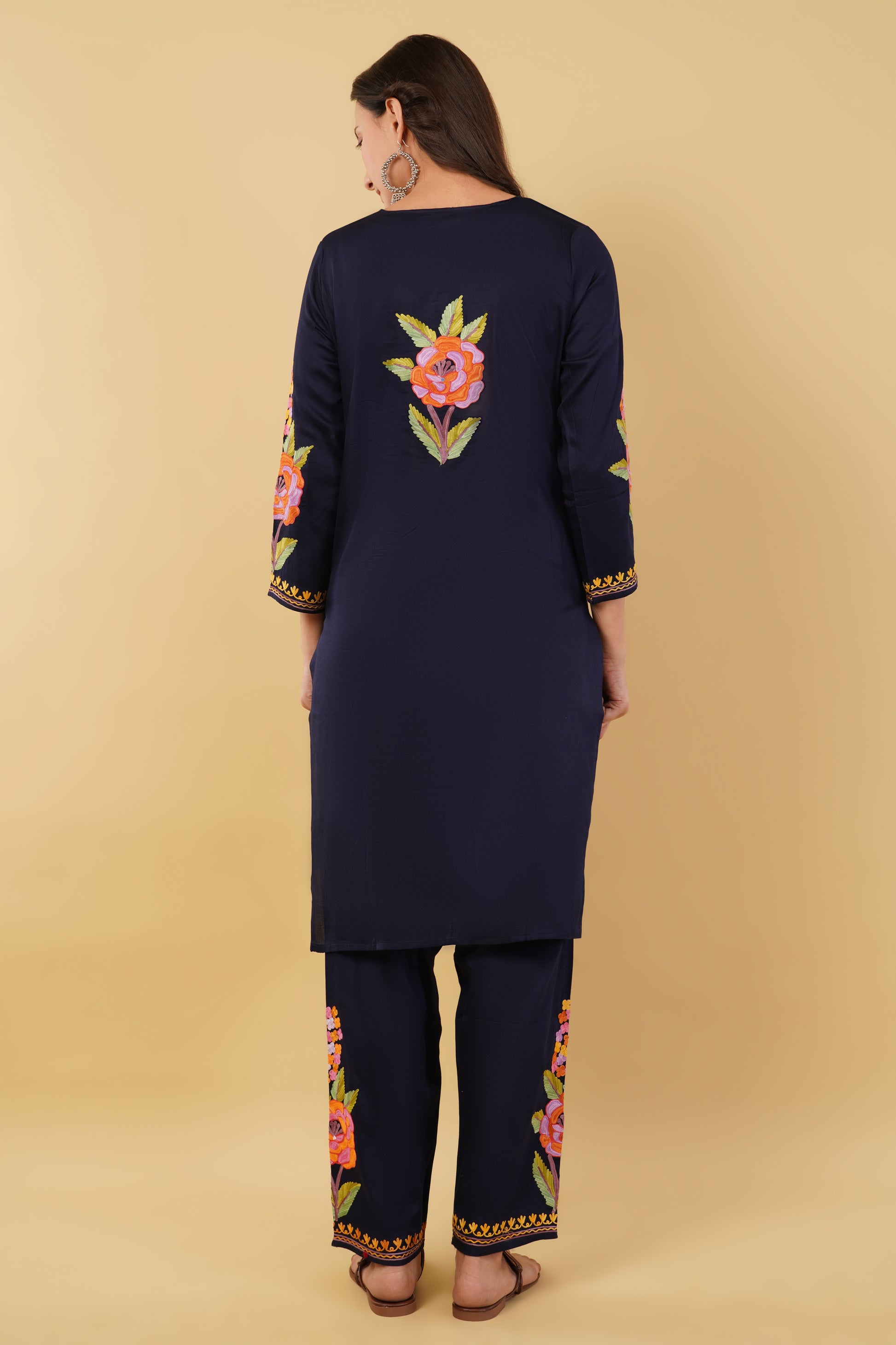 Kashmiri Aari embroidery Jaam Cotton Co-ord set Size-38 (Navy Blue)