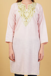 Kashmiri Aari embroidery Cotton Long Kurti Size-42 (Baby Pink)