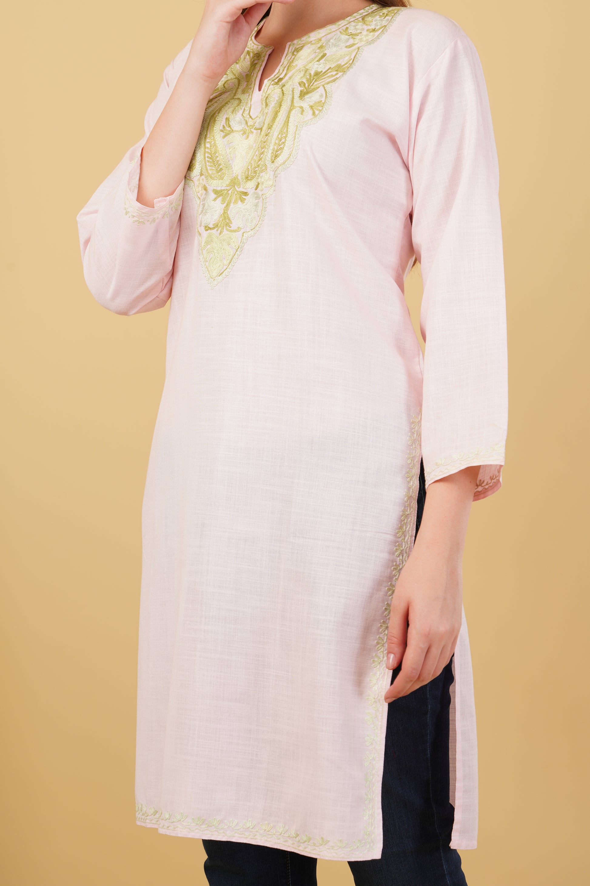 Kashmiri Aari embroidery Cotton Long Kurti Size-42 (Baby Pink)