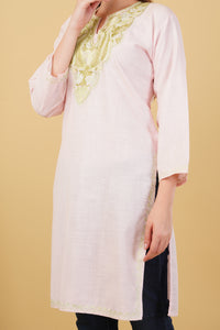 Kashmiri Aari embroidery Cotton Long Kurti Size-42 (Baby Pink)