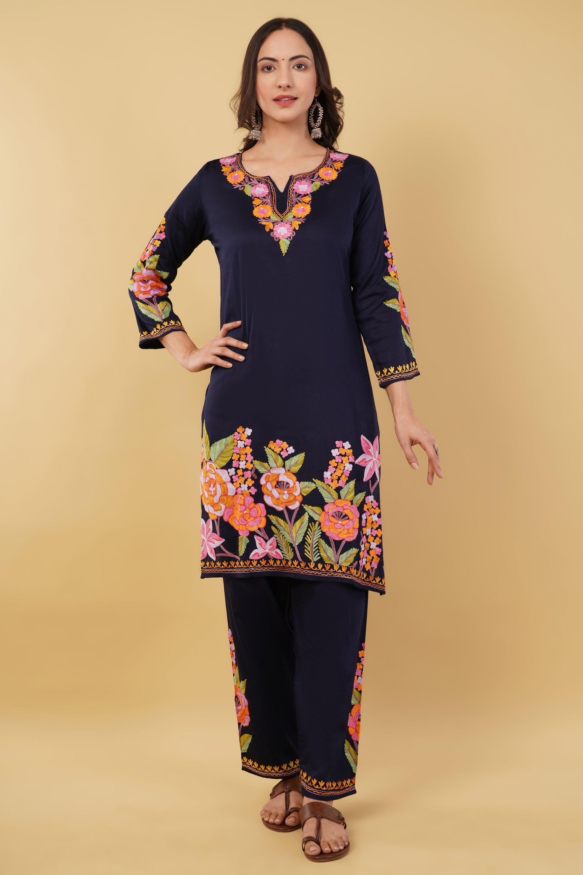 Kashmiri Aari embroidery Jaam Cotton Co-ord set Size-38 (Navy Blue)