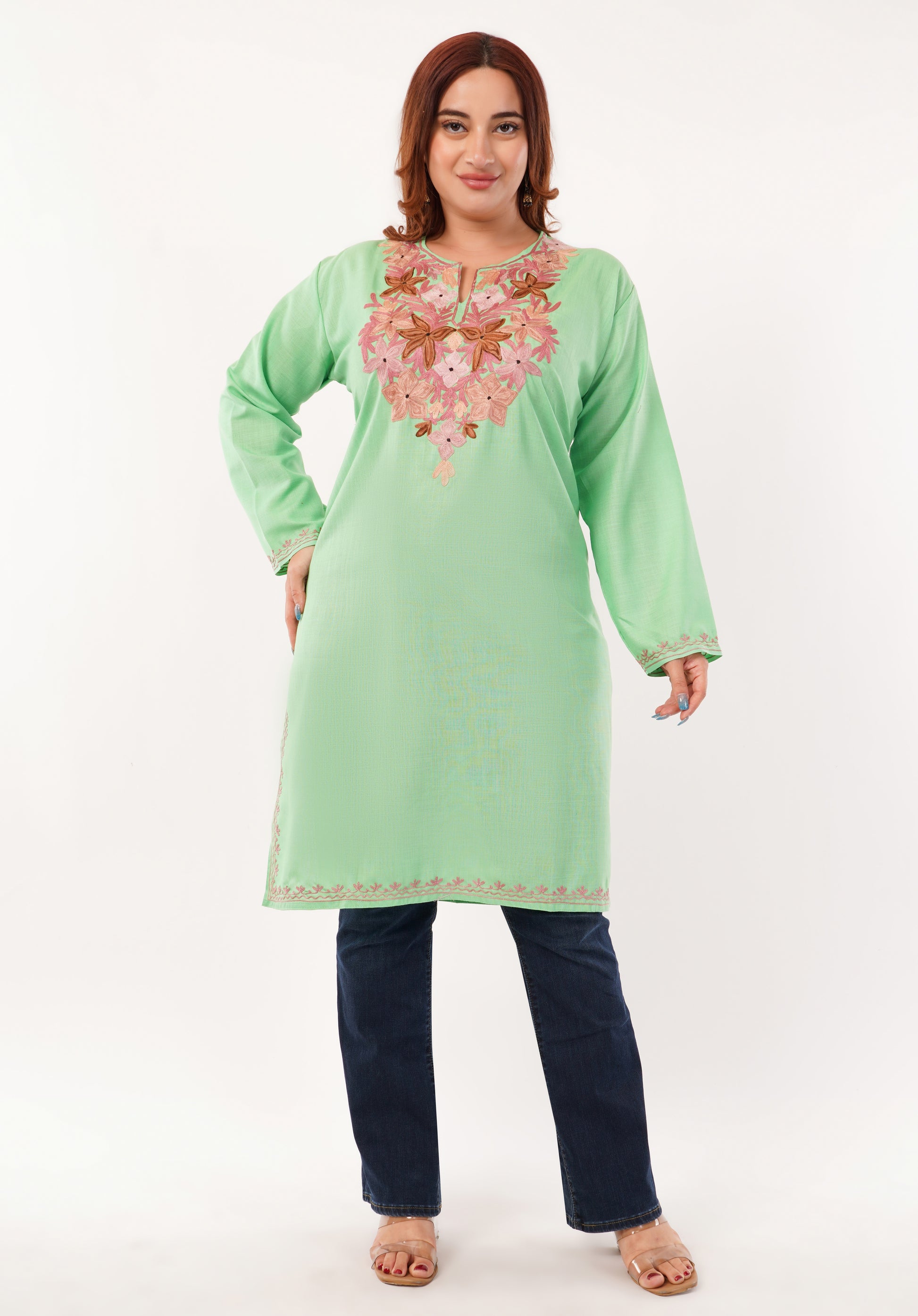 Kashmiri Aari embroidery Cotton Long Kurti Size-46(Green)
