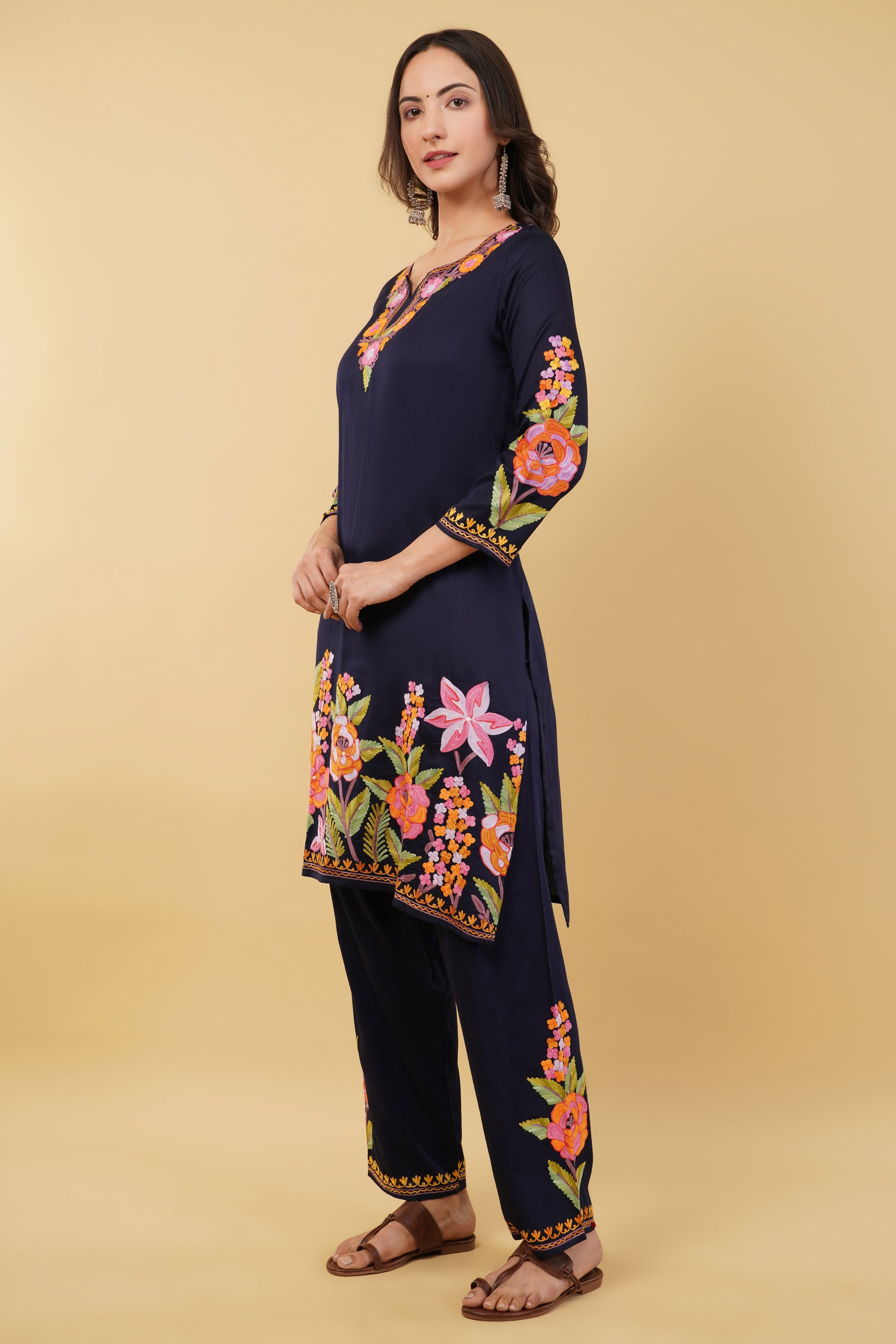 Kashmiri Aari embroidery Jaam Cotton Co-ord set Size-38 (Navy Blue)