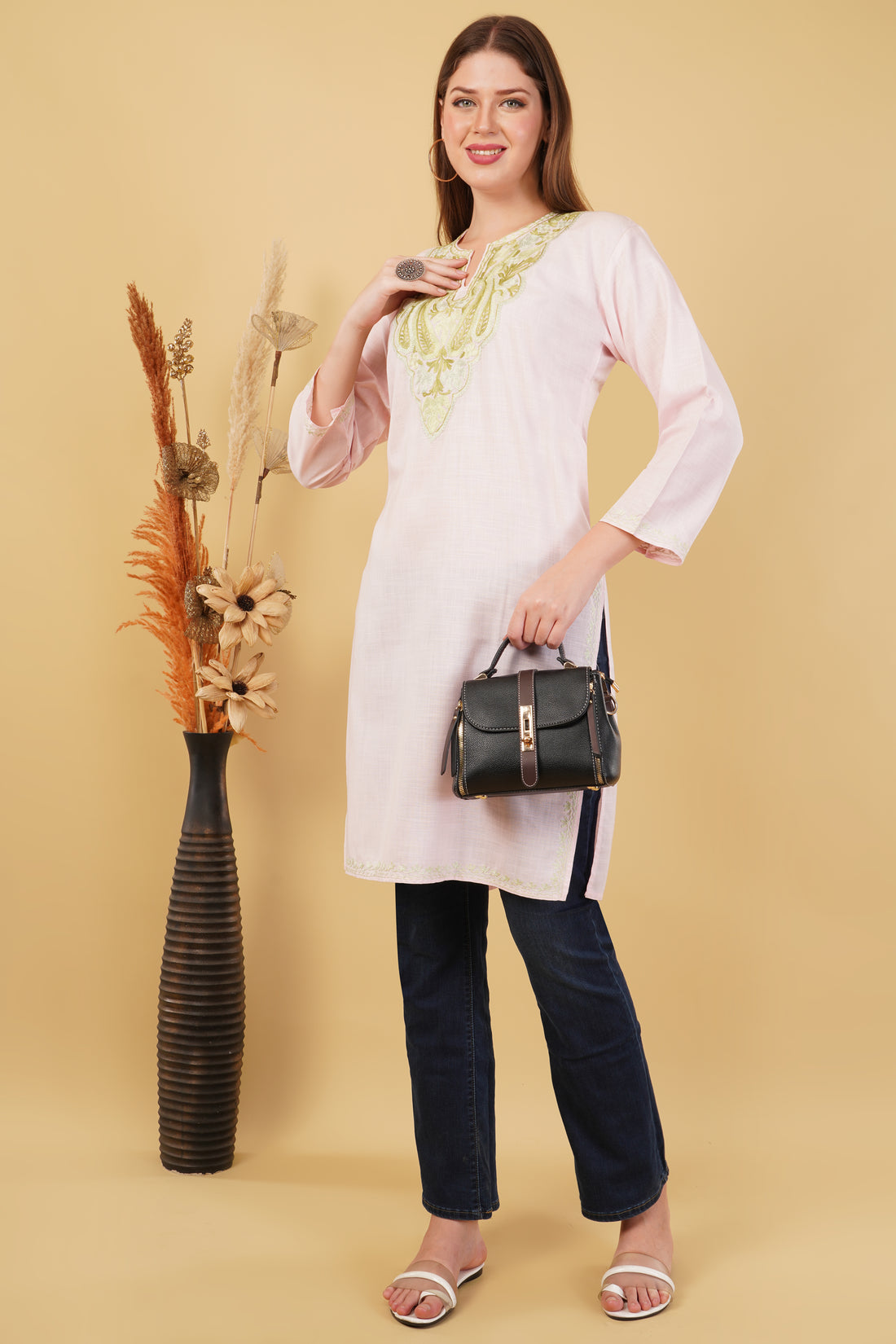 Kashmiri Aari embroidery Cotton Long Kurti Size-42 (Baby Pink)