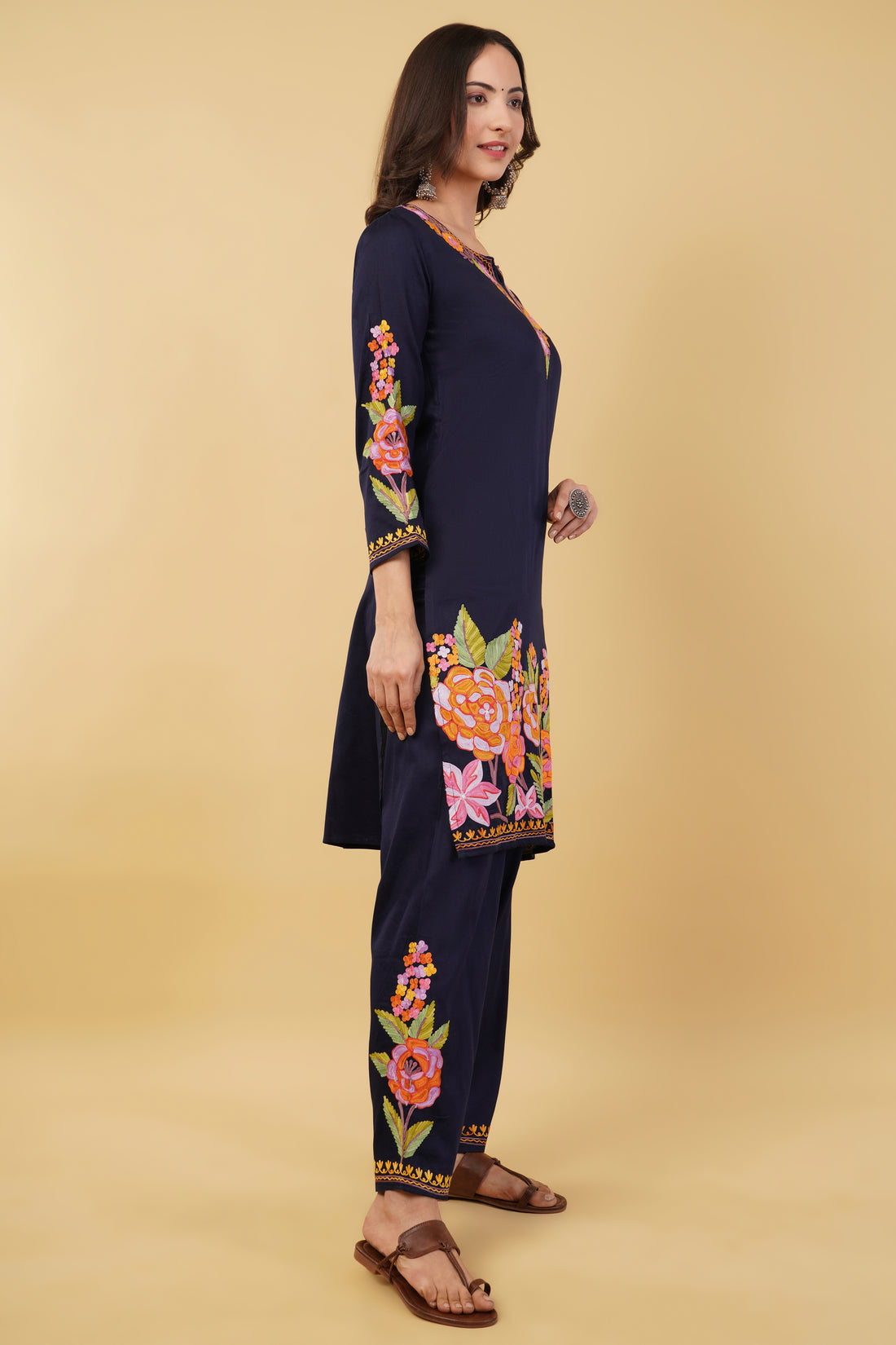 Kashmiri Aari embroidery Jaam Cotton Co-ord set Size-38 (Navy Blue)
