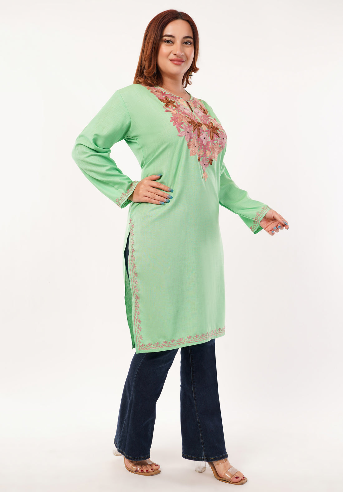 Kashmiri Aari embroidery Cotton Long Kurti Size-46(Green)