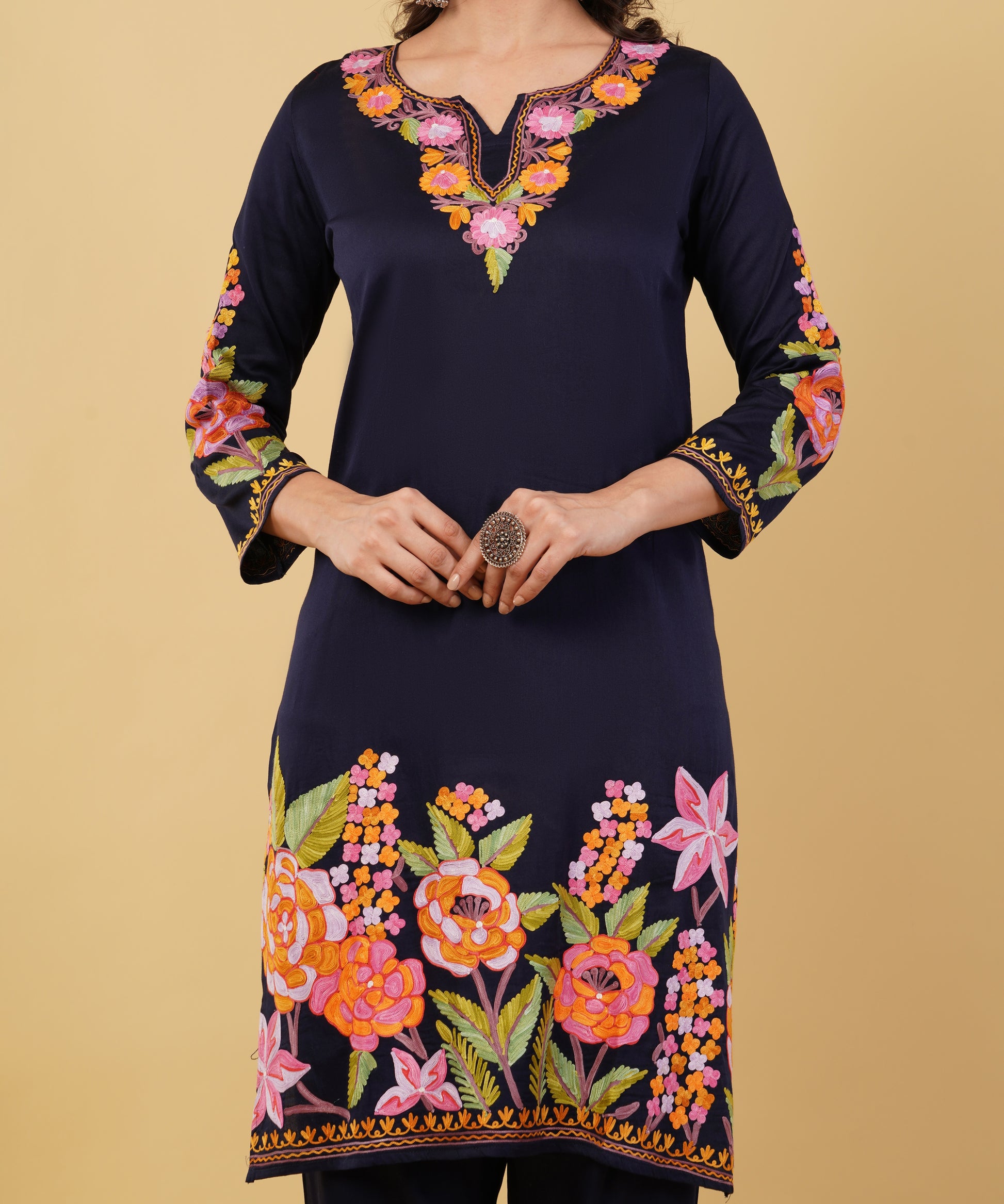 Kashmiri Aari embroidery Jaam Cotton Co-ord set Size-38 (Navy Blue)