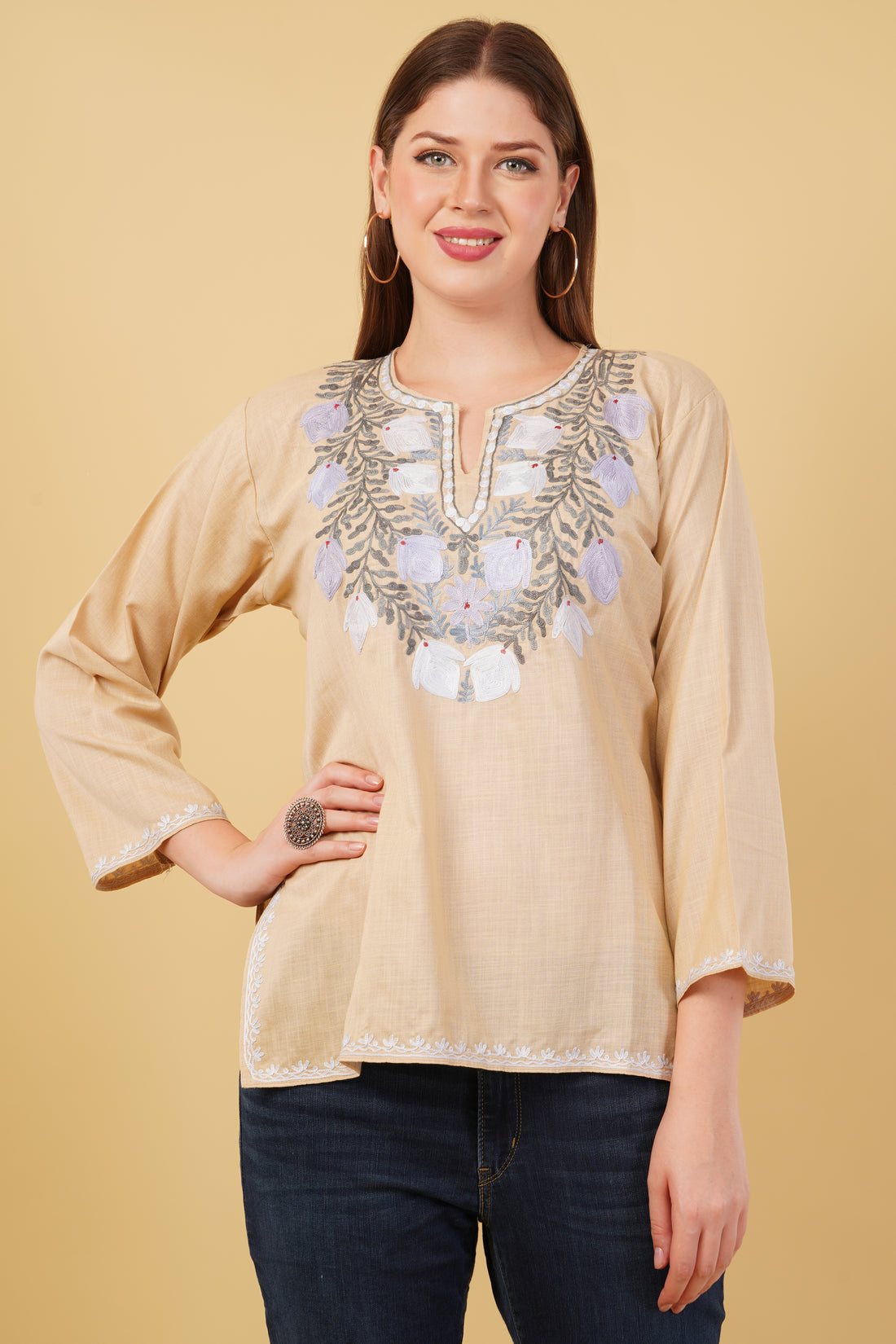 Kashmiri Aari embroidery Cotton Short Kurti Size-42(Beige)