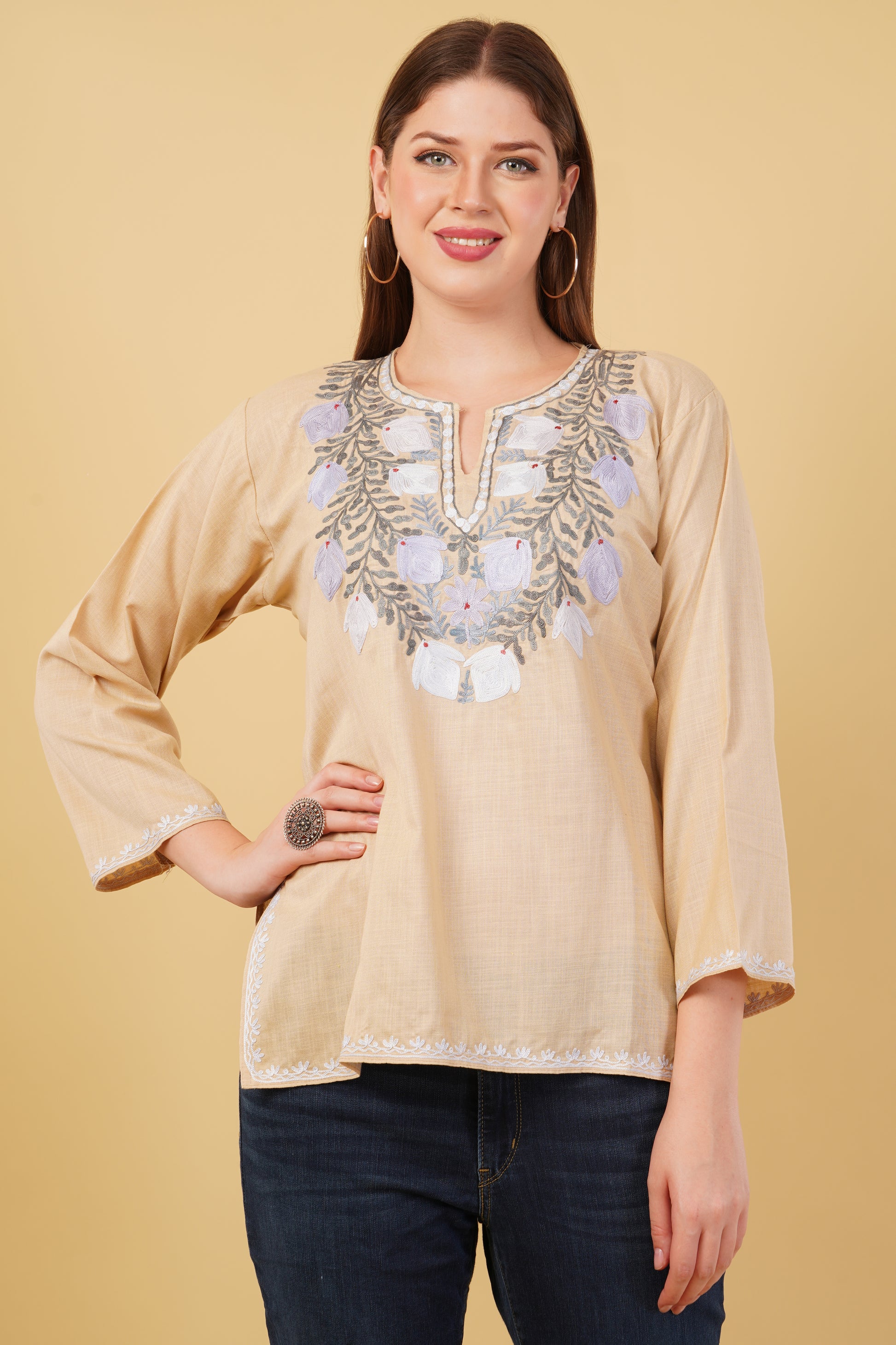 Kashmiri Aari embroidery Cotton Short Kurti Size-42(Beige)