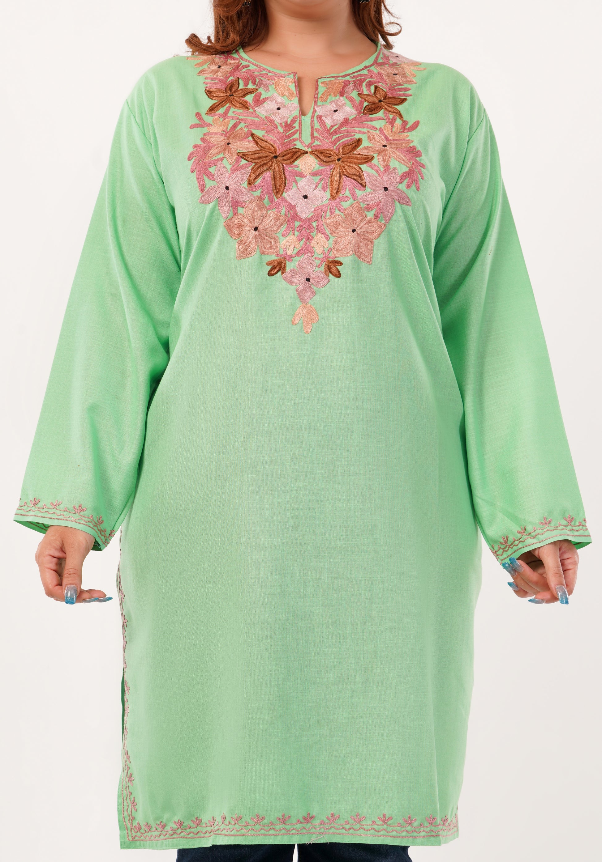 Kashmiri Aari embroidery Cotton Long Kurti Size-46(Green)