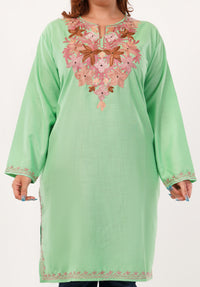 Kashmiri Aari embroidery Cotton Long Kurti Size-46(Green)