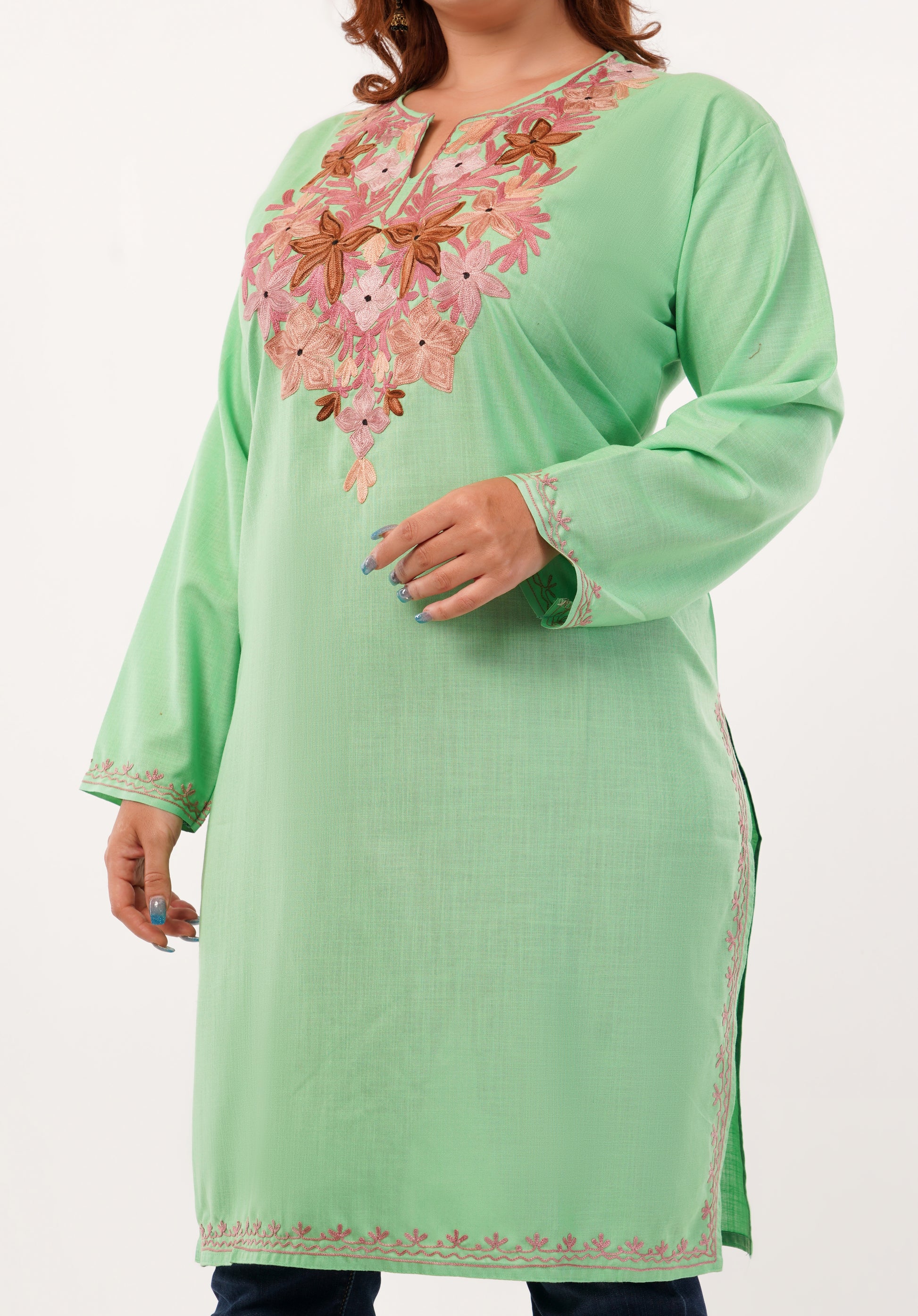 Kashmiri Aari embroidery Cotton Long Kurti Size-46(Green)