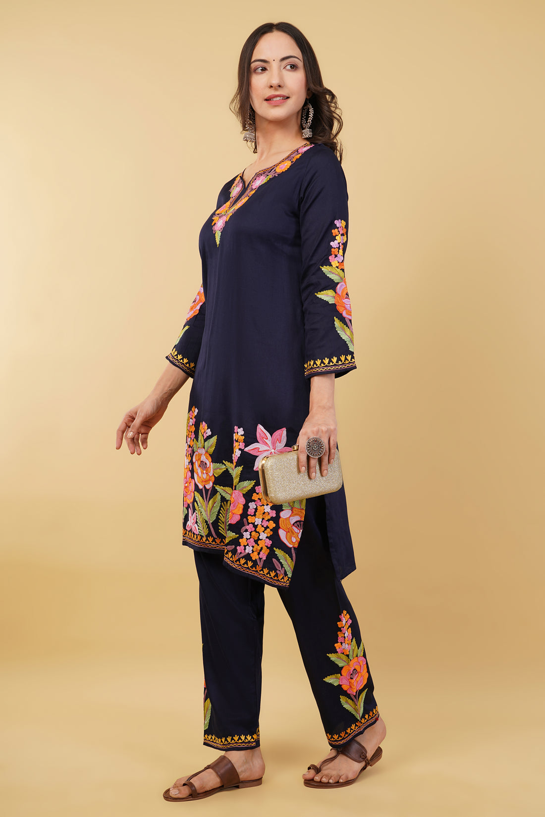 Kashmiri Aari embroidery Jaam Cotton Co-ord set Size-38 (Navy Blue)
