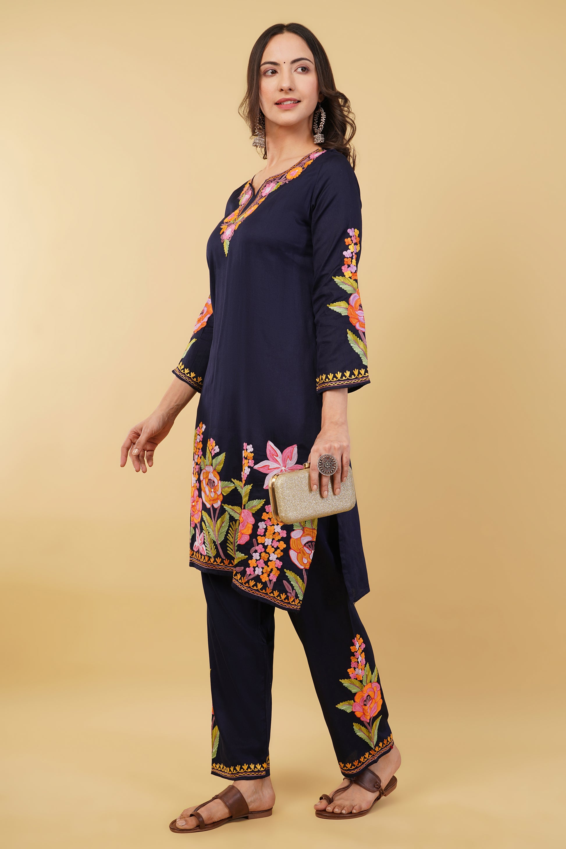 Kashmiri Aari embroidery Jaam Cotton Co-ord set Size-38 (Navy Blue)