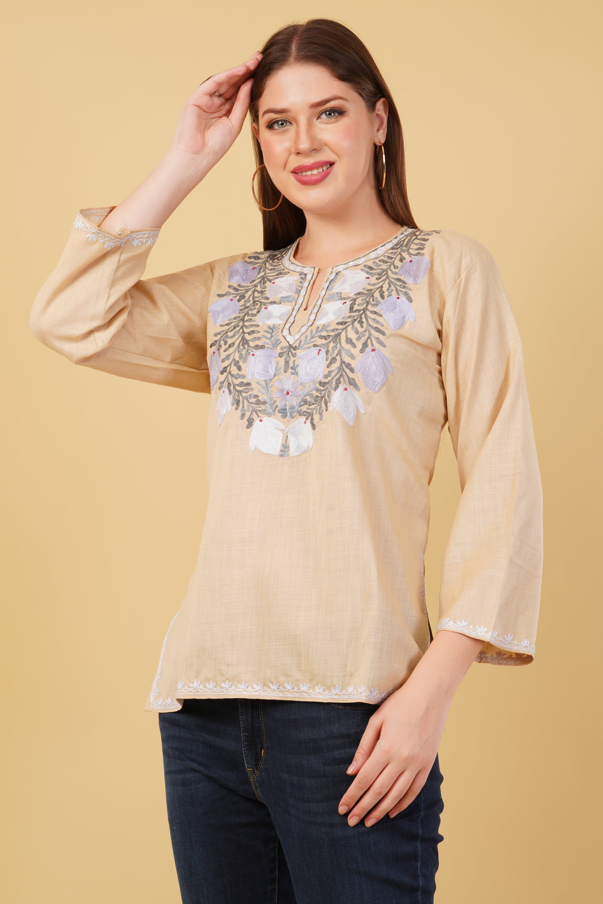 Kashmiri Aari embroidery Cotton Short Kurti Size-42(Beige)
